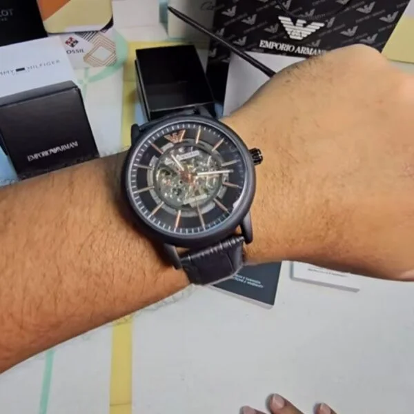 Armani Black Leather Automatic Watch - Image 3